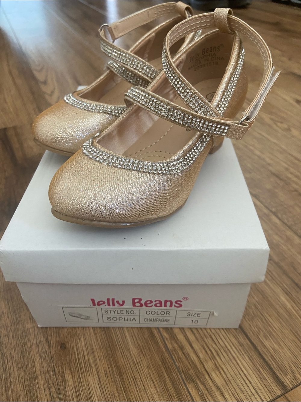 Jelly Beans Girls Champagne Glitter Mary Jane with Rhinestone Straps